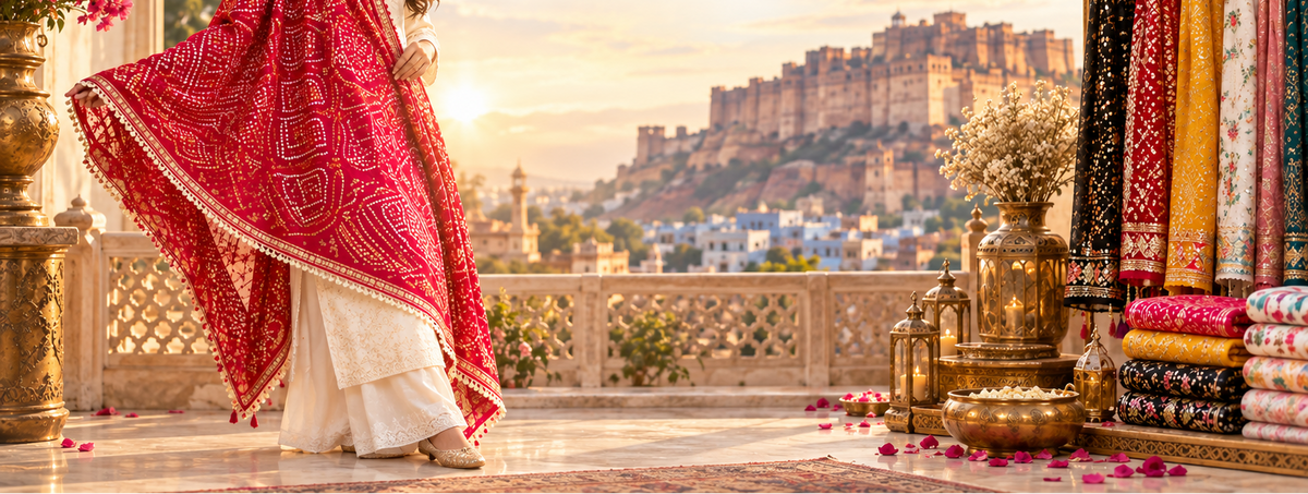 A woman stands on a balcony wearing a white traditional outfit with a bright red patterned shawl draped over her. The background shows a scenic view of a historic hillside fortress at sunset, with fabric racks and decorative items along the right side.