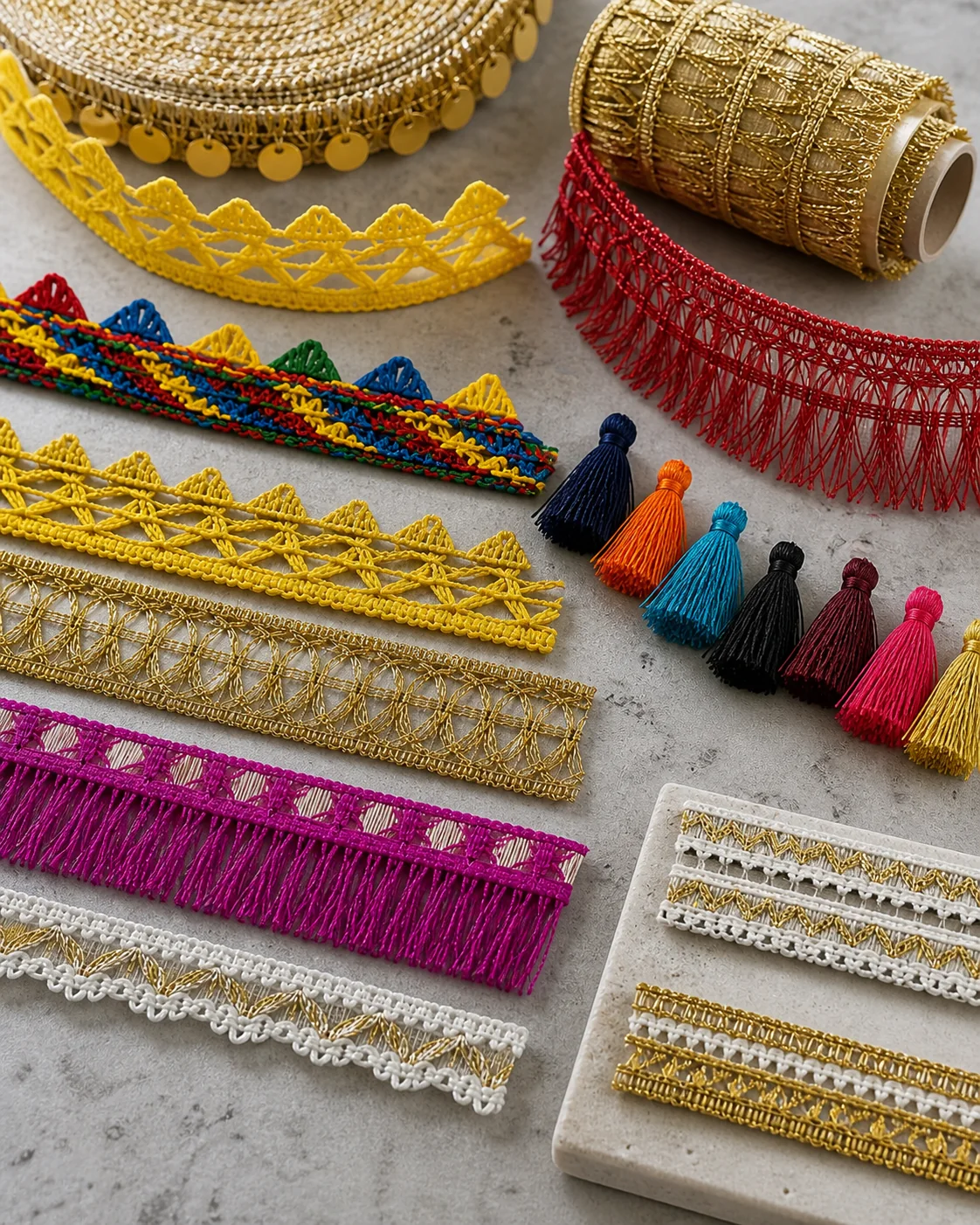 Multicolour, yellow, gold, red, magenta and white dupatta lace and trim samples