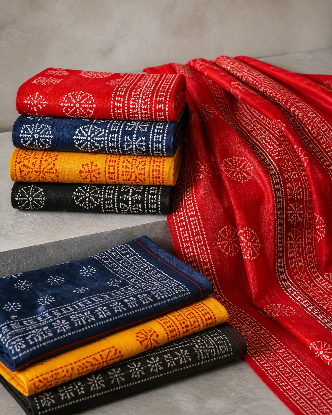Vermilion, indigo and saffron Indo gamcha fabric panels with printed borders