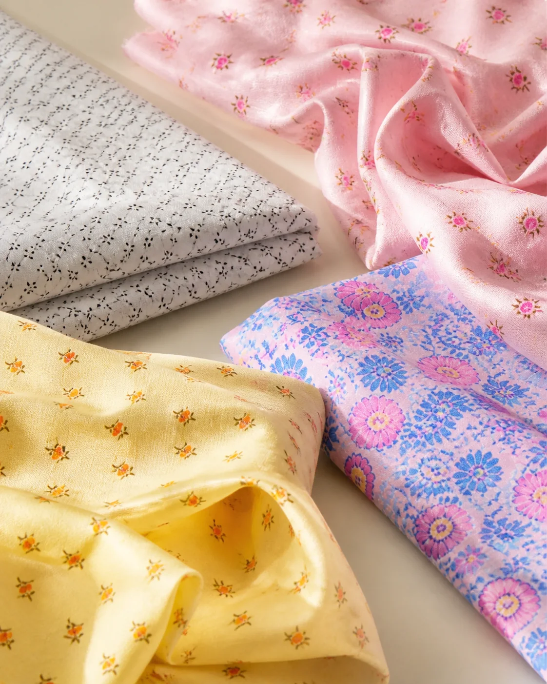Fine-print white, pink, blue and yellow PC dupatta fabric panels
