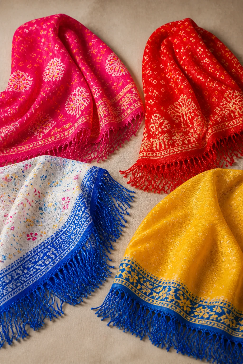 Magenta, vermilion, blue, white and yellow Rasmalai dupatta fabric panels with tassels