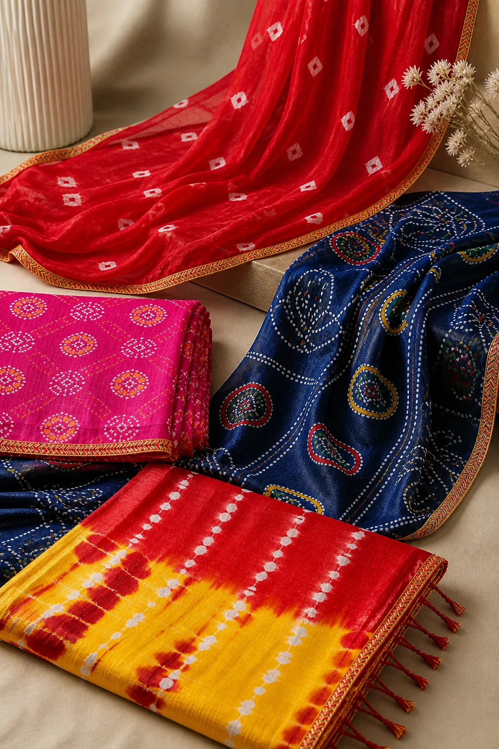 Vermilion, navy, fuchsia and red-yellow rayon dupatta fabric panels with decorative borders