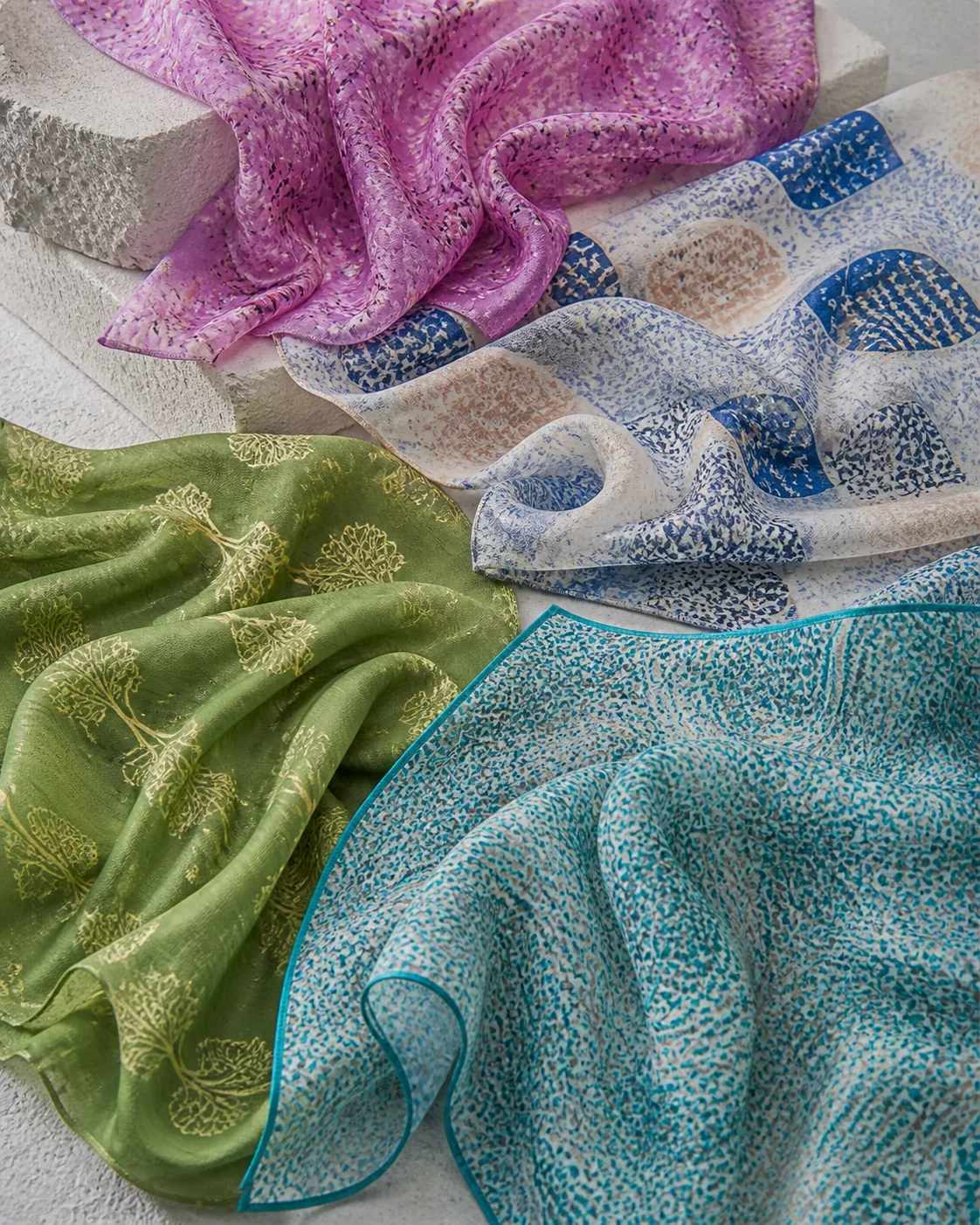 Lilac, blue, olive and turquoise lightweight Surat scarf fabric panels
