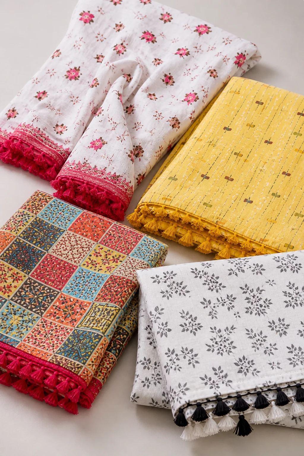 White floral, yellow, pink and multicolour semi-cotton dupatta fabric panels with tassels